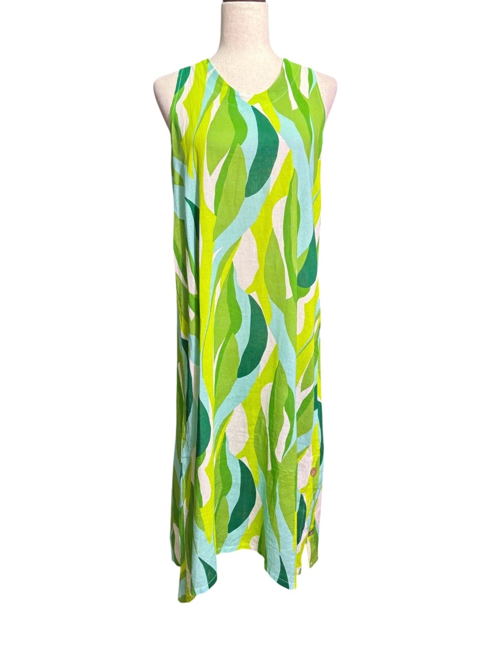 NWT Cristina Vergani Italy Linen Blend Green Print Maxi Dress Small